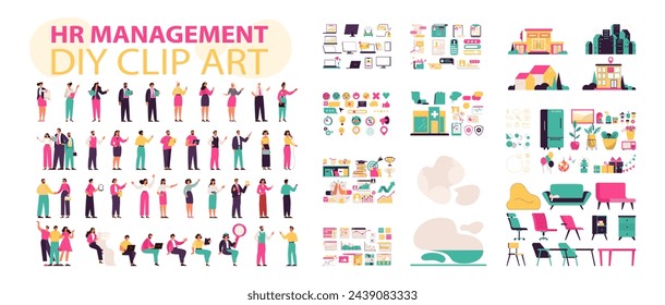 HR Management set. Corporate scenes and assets for workplace optimization. Employee engagement, recruitment strategy, teamwork development. DIY clipart constructor. Vector illustration.