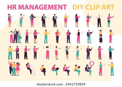 HR management set. Diverse professional team interactions. Dynamic office characters in collaborative and individual work poses. Corporate environment engagement. Vector illustration.