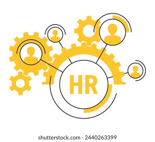 Concepto de estrategia de gestión de RRHH - Recursos humanos, emblema circular - grupo de personas en semicírculo de engranajes. Color amarillo y líneas finas