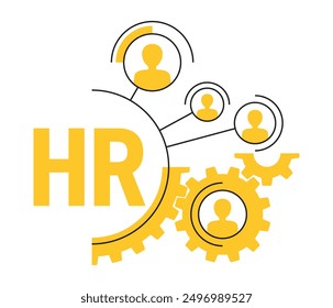 HR management strategy concept - Human resources, circular emblem - people group in gear semicircle. Yellow color and thin lines, geometric style