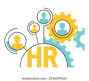 HR management strategy concept - Human resources, circular emblem - people group in gear semicircle. Yellow and blue color, thin lines, geometric style