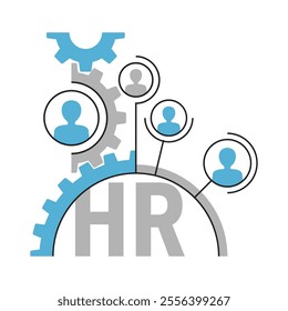 HR management strategy concept - Human resources, circular emblem - people group in gear semicircle. Yellow color and thin lines, geometric style