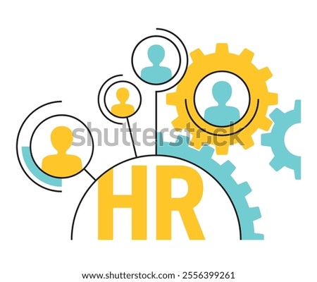 HR management strategy concept - Human resources, circular emblem - people group in gear semicircle. Yellow and blue color, thin lines, geometric style