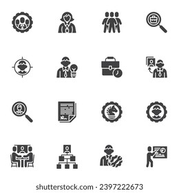 Juego de iconos vectoriales de administración de recursos humanos, colección moderna de símbolos sólidos, paquete de pictogramas de estilo relleno. Señales, ilustración del logotipo. El conjunto incluye iconos como recursos humanos, estrategia comercial, administración, contratación
