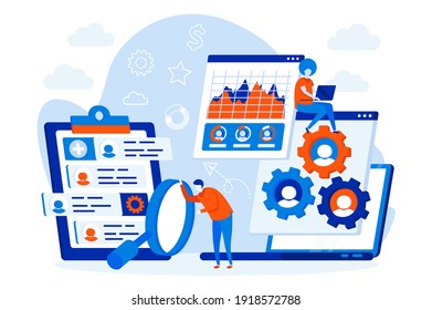 HR management web design concept with people characters. HR managers study candidates CV scene. Recruitment agency composition in flat style. Vector illustration for social media promotional materials
