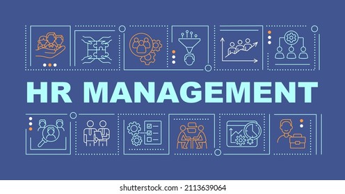 HR management word concepts dark blue banner. Recruitment process. Infographics with linear icons on background. Isolated typography. Vector color illustration with text. Arial-Black font used