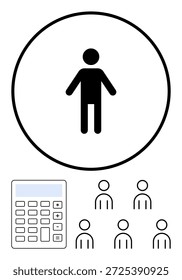 Gerenciamento de RH, planejamento da força de trabalho, folha de pagamento, lógica analítica, seleção de funcionários, tomada de decisões. Indivíduo em um círculo, calculadora e ícones de várias pessoas. Conceito de gerenciamento de RH e planejamento de força de trabalho