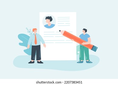 HR-Manager analysieren Lebenslauf von Kandidat flachen Vektorgrafik. Kleiner Rekrutierer, der die Wiederaufnahme der Arbeitsuche betrachtet. Beschäftigung, Beruf, Berufskonzept für Banner, Website-Design oder Landing-Website