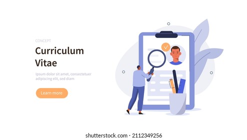 HR manager analyzing job candidate CV. Character applying for work position. Job recruitment process concept. Vector illustration.
