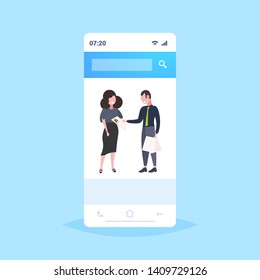 hr manager analyzing resume businessman listening woman employer during job interview curriculum vitae recruitment vacancy candidate concept smartphone screen mobile app flat full length
