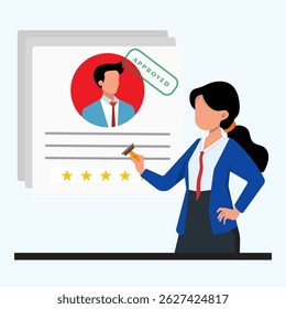 Gerente de RH aprovou um novo funcionário para uma vaga depois de ler o CV do candidato. Conceito de recrutamento e contratação.