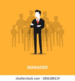 HR Manager. Businessman Standing In Front Of Job Applicants Silhouettes Over Orange Background. Illustration, Vector