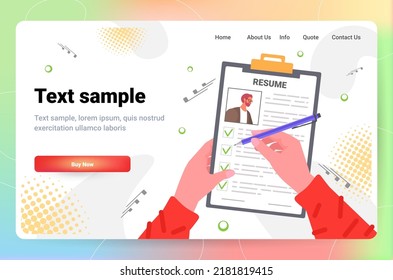 hr manager choosing cv portfolio writing green chackmarks on job candidate resume horizontal