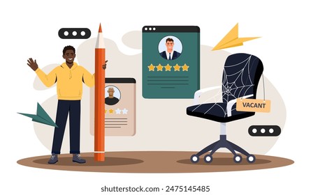 HR manager concept. Man with pencil stands near chair with web. Recruitment of employees for company, analysis of candidates for vacancies. Headhunting and recruiting. Cartoon flat vector illustration