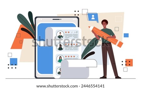 HR manager concept. Man with pencil and list of workers rating and ranking. Headhunting and recruiting. Company with staff expansion. Candidates at vacancy. Cartoon flat vector illustration