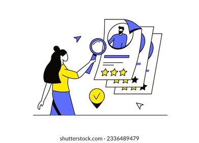 HR manager concept with people scene in the flat cartoon design. The recruiter is engaged in the search for cool profiles from candidates. Vector illustration.