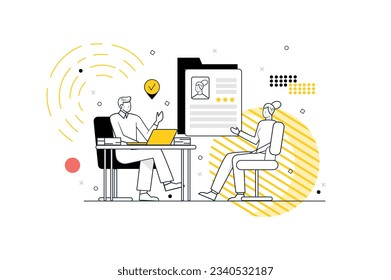 HR-Manager-Konzept mit Menschen-Szene im flachen Cartoon-Stil. Der Manager interviewt potenzielle Bewerber. Vektorgrafik.