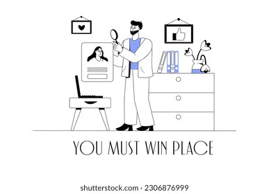 Concepto de gerente de recursos humanos con la escena de la gente en el diseño de caricaturas planas. El gerente de recursos humanos selecciona el cuestionario y currículum de los posibles empleados. Ilustración vectorial.