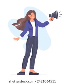 HR manager concept. Woman in suit with loudspeaker in hand. Recruiting and headhunting. Sticker for social networks. Cartoon flat vector illustration isolated on white background