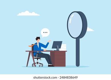 HR manager conducting interview with magnifying glass detailed candidate assessment thorough questioning focused recruitment meticulous hiring