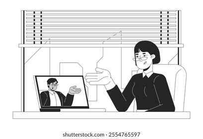 HR manager conducting interview through video call black and white 2D line characters. Videoconferencing job applicant and employer isolated vector outline people. Monochromatic spot illustration