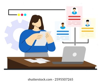 HR manager creates short list from suitable candidates, human resources, headhunting agency, employee wanted. Selected canditates for new worker concept.