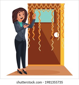 Hr manager is decorating office door with flowers. Vector graphic illustration. Individually on white background.