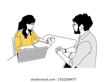 Gerente de RH fazendo entrevista de emprego com candidato a empresário. Ilustração de esboço comercial do conceito de trabalho e transportadora isolada no fundo branco. Melhor desenho de esboço de candidato a cargo.	