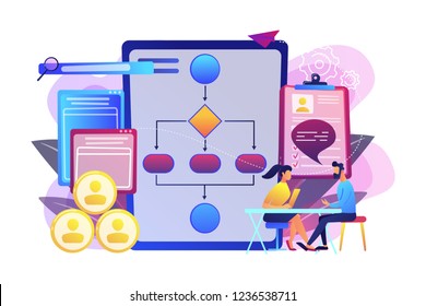 HR manager with employee at interview and business flow chart. Employee assessment software, HR company system, employee check programme concept. Bright vibrant violet vector isolated illustration