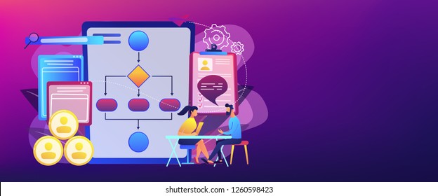 HR manager with employee at interview and business flow chart. Employee assessment software, HR company system, employee check programme concept. Header or footer banner template with copy space.