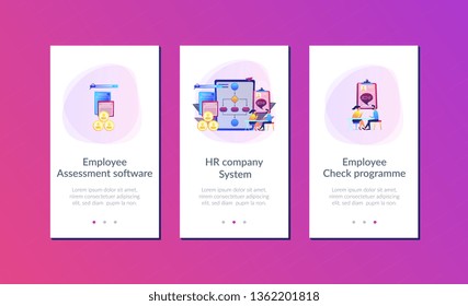 HR manager with employee at interview and business flow chart. Employee assessment software, HR company system, employee check programme concept. Mobile UI UX GUI template, app interface wireframe