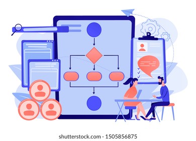 HR manager with employee at interview and business flow chart. Employee assessment software, HR company system, employee check programme concept. Living coral blue vector isolated illustration