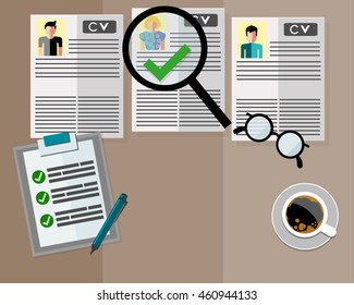 HR Manager or employer is searching for the right candidate or job interview concept with business cv resume with copy space.