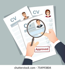 HR manager examines resume candidates for vacancies after job interview. / Staff recruitment. Flat design, vector cartoon illustration