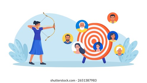 HR manager finding candidate for job vacancy. Businessman shooting bow on target with people avatar. Target audience for advertising. Leader finding customer or client. Recruitment hiring process