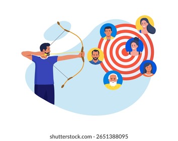 HR manager finding candidate for job vacancy. Businessman shooting bow on target with people avatar. Target audience for advertising. Leader finding customer or client. Recruitment hiring process