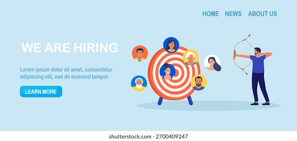 HR manager finding candidate for job vacancy. Businessman shooting bow on target with people avatar. Target audience for advertising. Leader finding customer or client. Recruitment hiring process