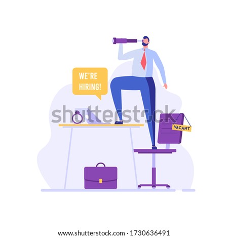 HR manager finding new employees with telescope. Headhunting agency. Concept of recruitment service, employees hiring, search for job candidates. Vector illustration for web and mobile app