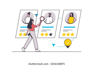 HR manager flat line concept. Woman looks at online resumes of candidates and selects staff for office. Recruiting and human resources. Vector illustration with outline people scene for web design