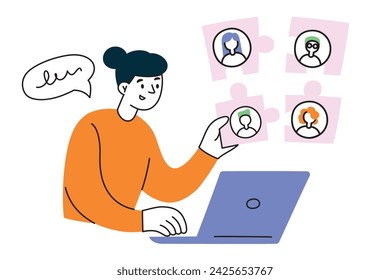 HR manager forming team, business flat composition, vector illustration of woman employer, human resources concept, company management software, hiring workers, staff recruitment