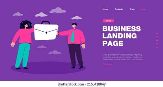 HR manager giving briefcase to businessman. Handover job position between tiny female and male character flat vector illustration. Hiring process concept for banner, website design or landing web page