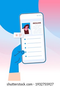hr manager hand choosing cv portfolio job candidate resume on smartphone screen recruitment and hiring concept vertical vector illustration