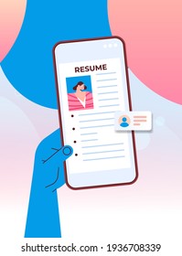 hr manager hand choosing cv portfolio job candidate resume on smartphone screen recruitment and hiring
