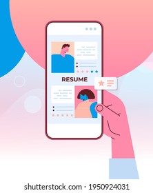 hr manager hand choosing cv portfolio of new employees job candidates on smartphone screen recruitment hiring