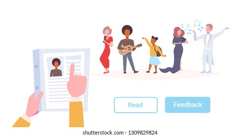 hr manager hand hold cv resume over mix race group of people different professions choose candidate for vacancy job position recruitment concept horizontal isolated flat