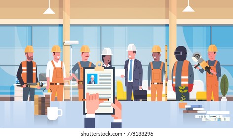 Hr Manager Hand Hold Cv Resume Of Construction Worker Over Group Of Builders Choose Candidate For Vacancy Job Position, Recruitment Concept Flat Vector Illustration