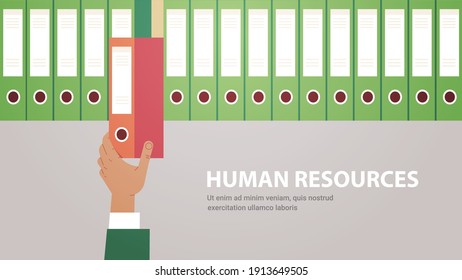 hr manager hand office pulling out red folder in archive recruitment human resources concept horizonal copy space vector illustration