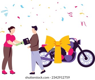 hr manager entrega motocicleta a lady concepto diseño de iconos vectoriales, símbolo de premios e incentivos, Beneficios para empleados y signo de compromiso, Reconocimiento y Apreciación de escena ilustración de stock