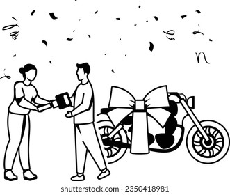 hr manager entrega motocicleta a lady concepto diseño de iconos vectoriales, símbolo de premios e incentivos, Beneficios para empleados y signo de compromiso, Reconocimiento y Apreciación de escena ilustración de stock