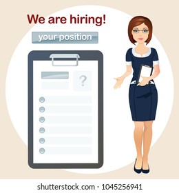HR manager hires a Professional for the position, Staff recruitment, Vacancy. Business woman in blue dress. / Vector cartoon illustration, flat design